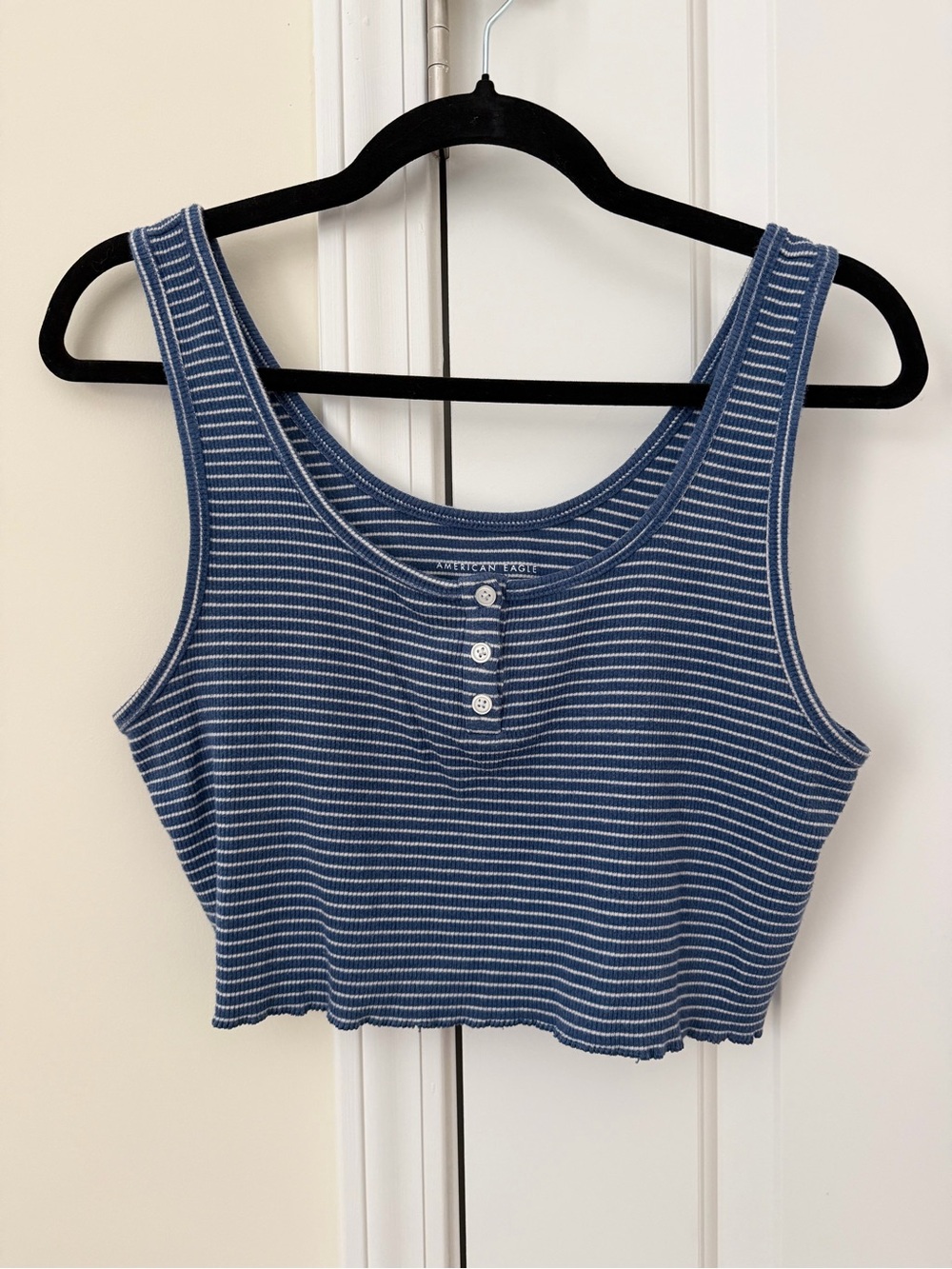 American Eagle Outfitters Navy and White Striped Ribbed Crop Tank